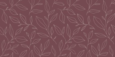 Seamless pattern with one line leaves. Vector floral background in trendy minimalistic linear style. Hand drawn outline design for fabric , print, cover, banner and invitation.