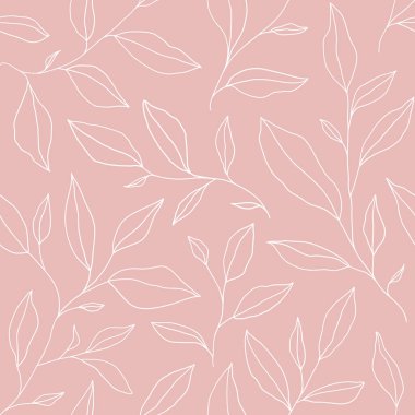 Seamless pattern with one line leaves. Vector floral background in trendy minimalistic linear style. Hand drawn outline design for fabric , print, cover, banner and invitation.
