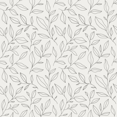 Seamless pattern with one line leaves. Vector floral background in trendy minimalistic linear style. Hand drawn outline design for fabric , print, cover, banner and invitation.