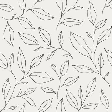 Seamless pattern with one line leaves. Vector floral background in trendy minimalistic linear style. Hand drawn outline design for fabric , print, cover, banner and invitation.