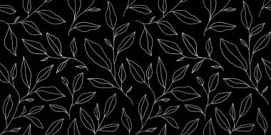Seamless pattern with one line leaves. Vector floral background in trendy minimalistic linear style. Hand drawn outline design for fabric , print, cover, banner and invitation.