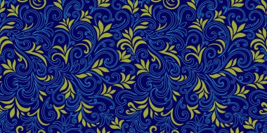 Yaprakları ve bukleleri olan zarif, pürüzsüz bir desen. Lüks çiçekli bir geçmişi var. Vektör illüstrasyonu, EPS 10.