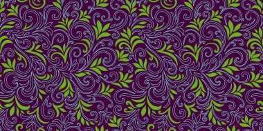 Yaprakları ve bukleleri olan zarif, pürüzsüz bir desen. Lüks çiçekli bir geçmişi var. Vektör illüstrasyonu, EPS 10.