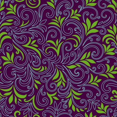 Yaprakları ve bukleleri olan zarif, pürüzsüz bir desen. Lüks çiçekli bir geçmişi var. Vektör illüstrasyonu, EPS 10.