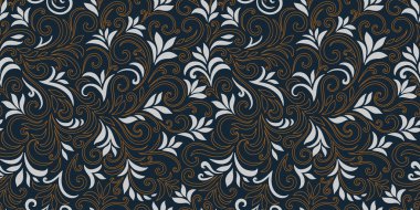 Yaprakları ve bukleleri olan zarif, pürüzsüz bir desen. Lüks çiçekli bir geçmişi var. Vektör illüstrasyonu, EPS 10.