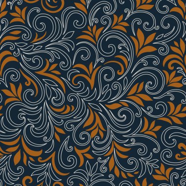 Yaprakları ve bukleleri olan zarif, pürüzsüz bir desen. Lüks çiçekli bir geçmişi var. Vektör illüstrasyonu, EPS 10.