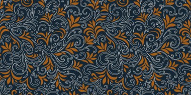 Yaprakları ve bukleleri olan zarif, pürüzsüz bir desen. Lüks çiçekli bir geçmişi var. Vektör illüstrasyonu, EPS 10.