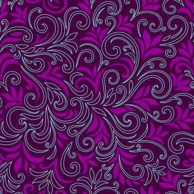 Yaprakları ve bukleleri olan zarif, pürüzsüz bir desen. Lüks çiçekli bir geçmişi var. Vektör illüstrasyonu, EPS 10.