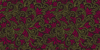 Yaprakları ve bukleleri olan zarif, pürüzsüz bir desen. Lüks çiçekli bir geçmişi var. Vektör illüstrasyonu, EPS 10.