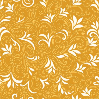 Yaprakları ve bukleleri olan zarif, pürüzsüz bir desen. Lüks çiçekli bir geçmişi var. Vektör illüstrasyonu, EPS 10.