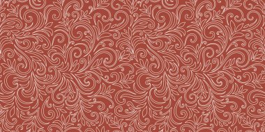 Yaprakları ve bukleleri olan zarif, pürüzsüz bir desen. Lüks çiçekli bir geçmişi var. Vektör illüstrasyonu, EPS 10.