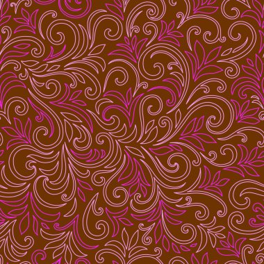 Yaprakları ve bukleleri olan zarif, pürüzsüz bir desen. Lüks çiçekli bir geçmişi var. Vektör illüstrasyonu, EPS 10.