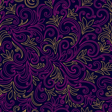 Yaprakları ve bukleleri olan zarif, pürüzsüz bir desen. Lüks çiçekli bir geçmişi var. Vektör illüstrasyonu, EPS 10.