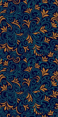 Yaprakları ve bukleleri olan zarif, pürüzsüz bir desen. Lüks çiçekli bir geçmişi var. Vektör illüstrasyonu, EPS 10.