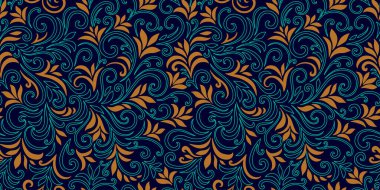 Yaprakları ve bukleleri olan zarif, pürüzsüz bir desen. Lüks çiçekli bir geçmişi var. Vektör illüstrasyonu, EPS 10.