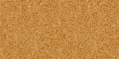 Yaprakları ve bukleleri olan zarif, pürüzsüz bir desen. Lüks çiçekli bir geçmişi var. Vektör illüstrasyonu, EPS 10.