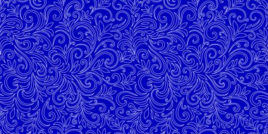 Yaprakları ve bukleleri olan zarif, pürüzsüz bir desen. Lüks çiçekli bir geçmişi var. Vektör illüstrasyonu, EPS 10.