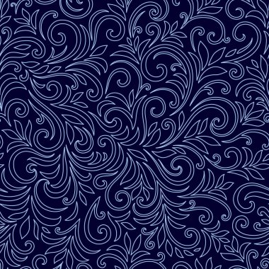 Yaprakları ve bukleleri olan zarif, pürüzsüz bir desen. Lüks çiçekli bir geçmişi var. Vektör illüstrasyonu, EPS 10.