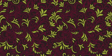 Yaprakları ve bukleleri olan zarif, pürüzsüz bir desen. Lüks çiçekli bir geçmişi var. Vektör illüstrasyonu, EPS 10.