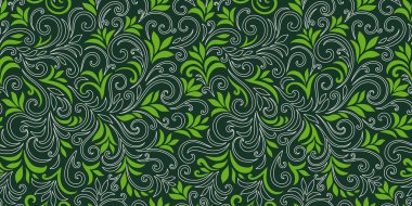 Yaprakları ve bukleleri olan zarif, pürüzsüz bir desen. Lüks çiçekli bir geçmişi var. Vektör illüstrasyonu, EPS 10.