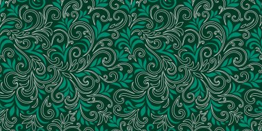 Yaprakları ve bukleleri olan zarif, pürüzsüz bir desen. Lüks çiçekli bir geçmişi var. Vektör illüstrasyonu, EPS 10.