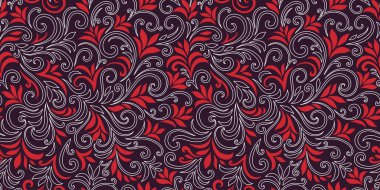 Yaprakları ve bukleleri olan zarif, pürüzsüz bir desen. Lüks çiçekli bir geçmişi var. Vektör illüstrasyonu, EPS 10.