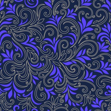 Yaprakları ve bukleleri olan zarif, pürüzsüz bir desen. Lüks çiçekli bir geçmişi var. Vektör illüstrasyonu, EPS 10.