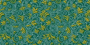 Yaprakları ve bukleleri olan zarif, pürüzsüz bir desen. Lüks çiçekli bir geçmişi var. Vektör illüstrasyonu, EPS 10.