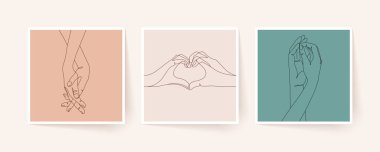 Tek sıra halinde el ele tutuşun. Sevgililer Günü vektör illüstrasyonu. Modern tek satır sanatı.