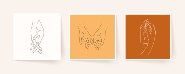 Tek sıra halinde el ele tutuşun. Sevgililer Günü vektör illüstrasyonu. Modern tek satır sanatı.