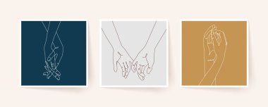 Tek sıra halinde el ele tutuşun. Sevgililer Günü vektör illüstrasyonu. Modern tek satır sanatı.