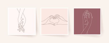 Tek sıra halinde el ele tutuşun. Sevgililer Günü vektör illüstrasyonu. Modern tek satır sanatı.