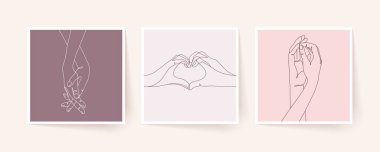 Tek sıra halinde el ele tutuşun. Sevgililer Günü vektör illüstrasyonu. Modern tek satır sanatı.