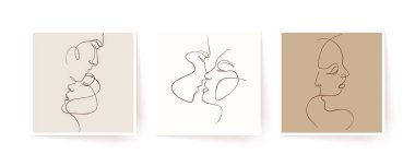 Tek sıra halinde bir çift yüz, çift erkek ve kadın. Sevgililer Günü minimalist vektör çizimi. Modern tek satır sanatı.