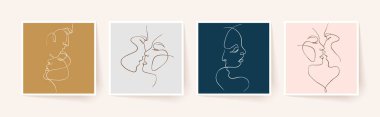 Tek sıra halinde bir çift yüz, çift erkek ve kadın. Sevgililer Günü minimalist vektör çizimi. Modern tek satır sanatı.