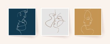 Tek sıra halinde bir çift yüz, çift erkek ve kadın. Sevgililer Günü minimalist vektör çizimi. Modern tek satır sanatı.