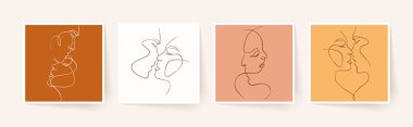 Tek sıra halinde bir çift yüz, çift erkek ve kadın. Sevgililer Günü minimalist vektör çizimi. Modern tek satır sanatı.