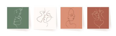 Tek sıra halinde bir çift yüz, çift erkek ve kadın. Sevgililer Günü minimalist vektör çizimi. Modern tek satır sanatı.