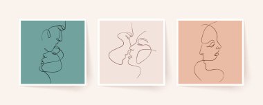 Tek sıra halinde bir çift yüz, çift erkek ve kadın. Sevgililer Günü minimalist vektör çizimi. Modern tek satır sanatı.