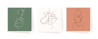 Tek sıra halinde bir çift yüz, çift erkek ve kadın. Sevgililer Günü minimalist vektör çizimi. Modern tek satır sanatı.