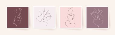 Tek sıra halinde bir çift yüz, çift erkek ve kadın. Sevgililer Günü minimalist vektör çizimi. Modern tek satır sanatı.