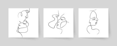 Tek sıra halinde bir çift yüz, çift erkek ve kadın. Sevgililer Günü minimalist vektör çizimi. Modern tek satır sanatı.