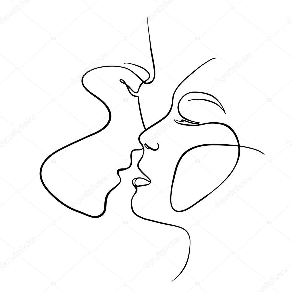 One line faces, couple man and woman. Valentine's day minimalistic vector illustration. Modern single line art.
