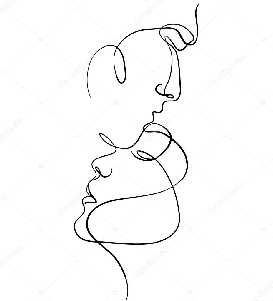 One line faces, couple man and woman. Valentine's day minimalistic vector illustration. Modern single line art.
