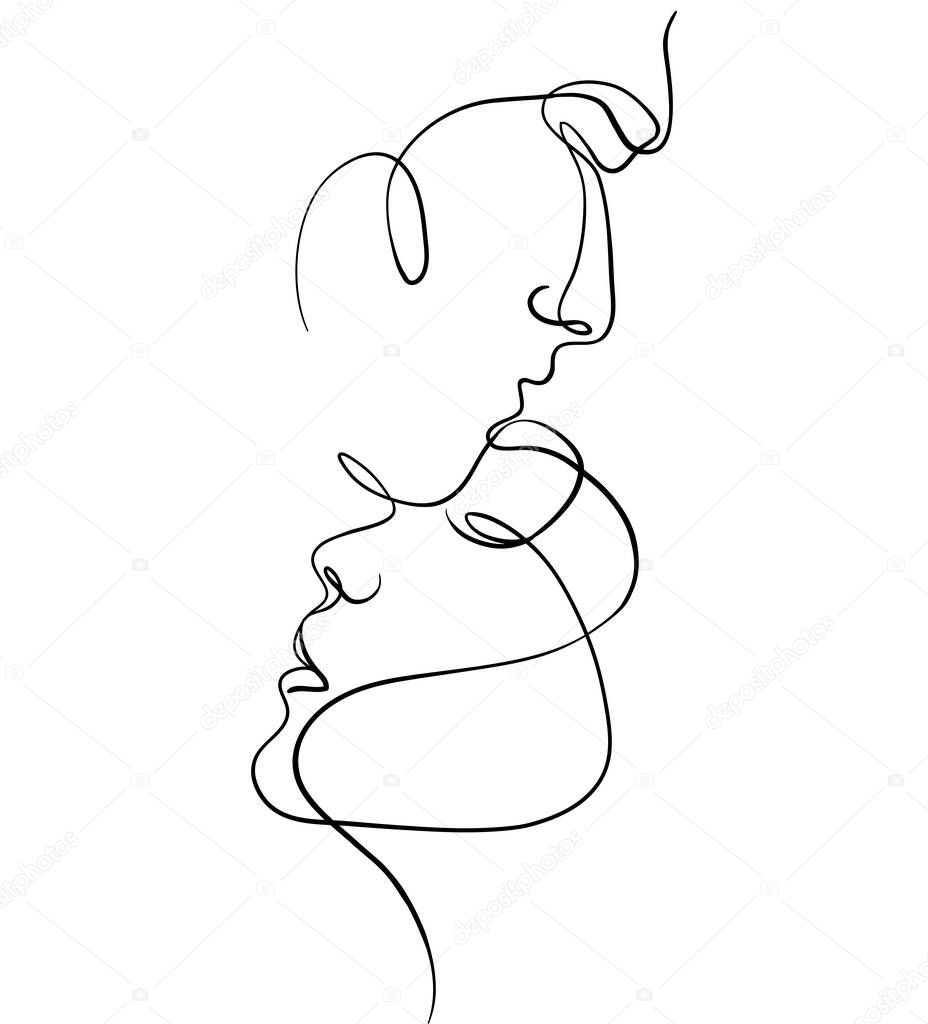 One line faces, couple man and woman. Valentine's day minimalistic vector illustration. Modern single line art.