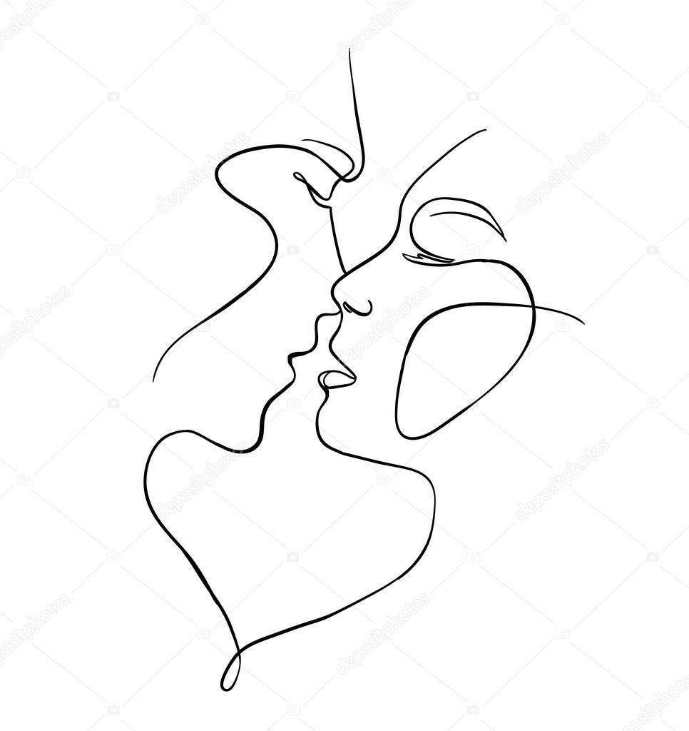 One line faces, couple man and woman. Valentine's day minimalistic vector illustration. Modern single line art.