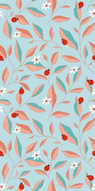 Yaprakları, uğur böcekleri ve çiçekleri olan kusursuz bir desen. Şirin vektör çiçekli arka plan. Kumaş, baskı, kapak, pankart, ambalaj, duvar kağıdı için el çizimi elementler.