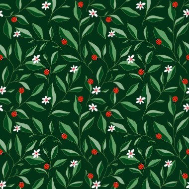 Yaprakları, uğur böcekleri ve çiçekleri olan kusursuz bir desen. Şirin vektör çiçekli arka plan. Kumaş, baskı, kapak, pankart, ambalaj, duvar kağıdı için el çizimi elementler.