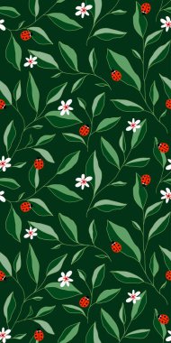 Yaprakları, uğur böcekleri ve çiçekleri olan kusursuz bir desen. Şirin vektör çiçekli arka plan. Kumaş, baskı, kapak, pankart, ambalaj, duvar kağıdı için el çizimi elementler.