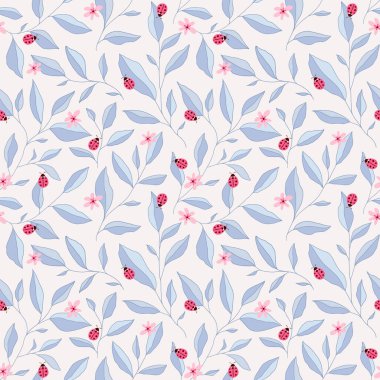 Yaprakları, uğur böcekleri ve çiçekleri olan kusursuz bir desen. Şirin vektör çiçekli arka plan. Kumaş, baskı, kapak, pankart, ambalaj, duvar kağıdı için el çizimi elementler.
